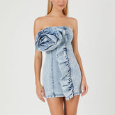 strapless denim mini dress with oversized ruffle – ROZA